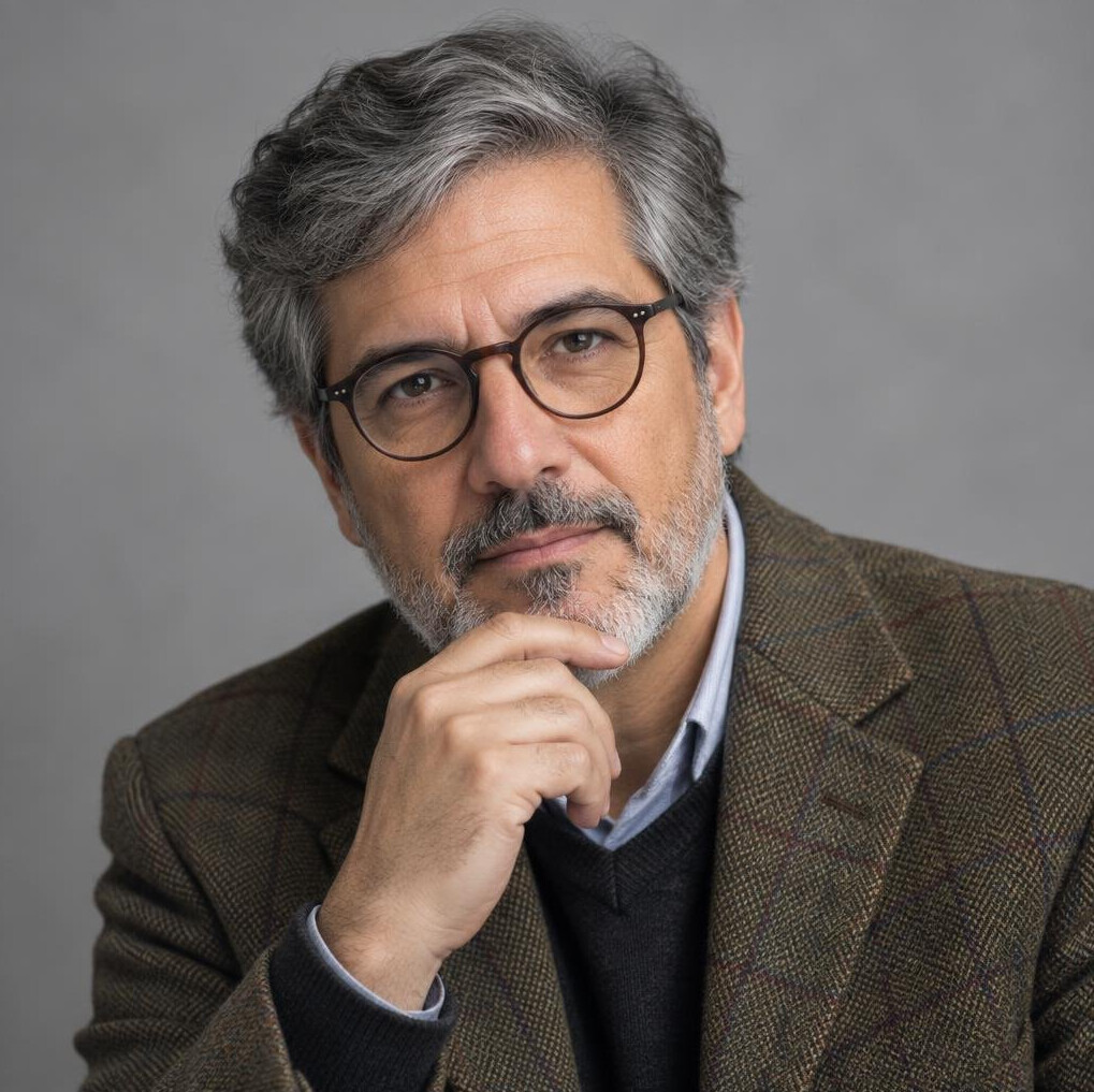 Studio portrait of a Latin American man in his fifties, mystery fiction writer, wearing a tweed jacket